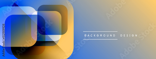 Abstract geometric shapes overlap, creating vibrant gradient effect. Background transitions from blue to orange. Minimalist design elements present.