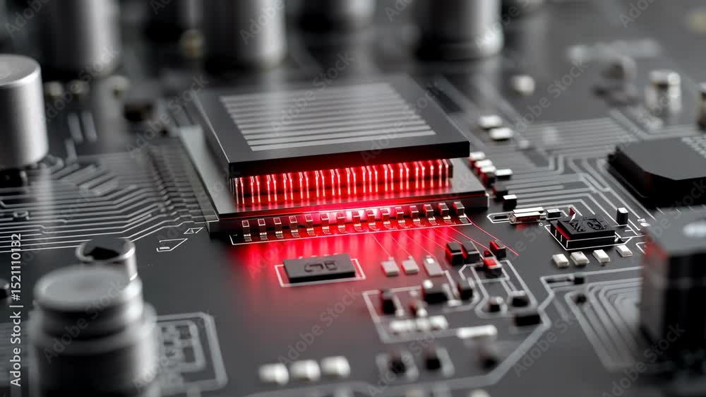 Close-up of a microchip on a circuit board emitting red light, showcasing advanced technology and intricate design.