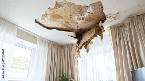 Water-damaged ceiling in a bright living room with curtains and a plant, indicating neglect
