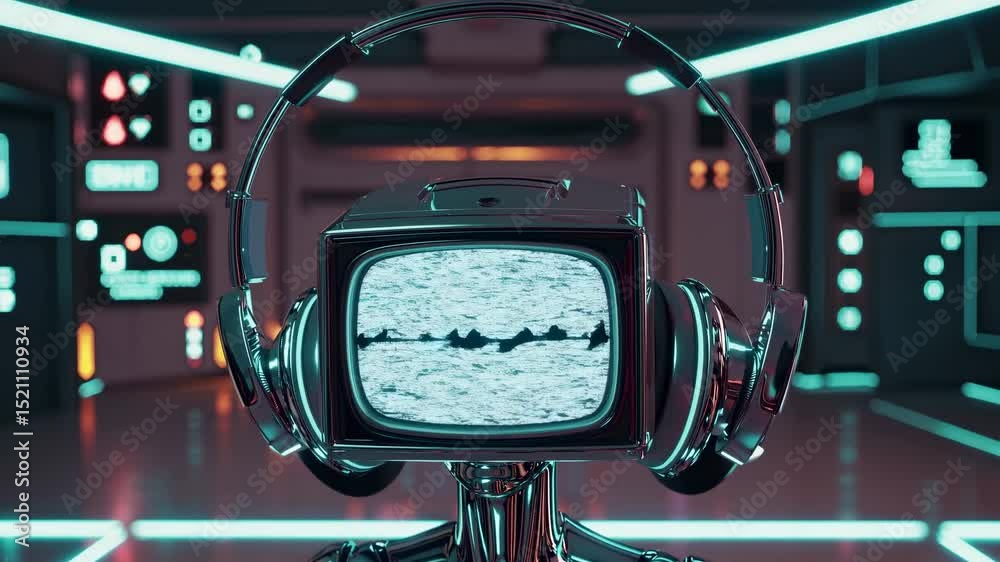 Metallic robot with an old tv as a head and headphones listening to music with static noise displayed on the screen, stands in a futuristic room with teal and orange lights