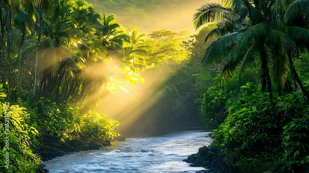 Sunlight streams through tropical foliage over a river.