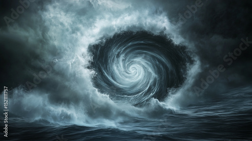 Dramatic sea funnel with mist rising around the spiral center
