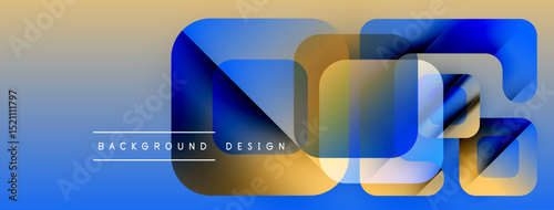 Abstract design features overlapping blue, gold shapes. Text reads background design. Gradient colors create modern visual effect.