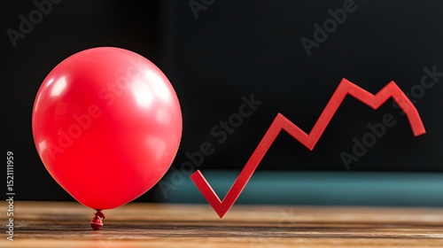 Red Balloon Near a Decreasing Red Graph on Wooden Surface Financial Instability Concept