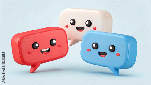 Vector cartoon 3d attention talk icon set. Cute realistic render of speech bubbles with red, blue and