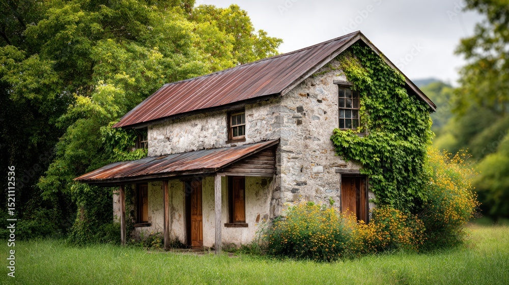 Obraz premium Rustic Stone Cottage Overgrown with Ivy Picturesque Rural Landscape