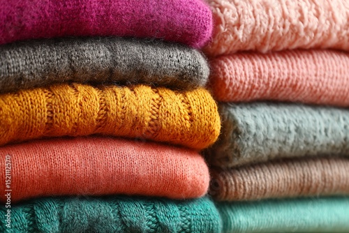 Cozy sweaters stacked neatly in various colors showcasing warmth and style for the fall season