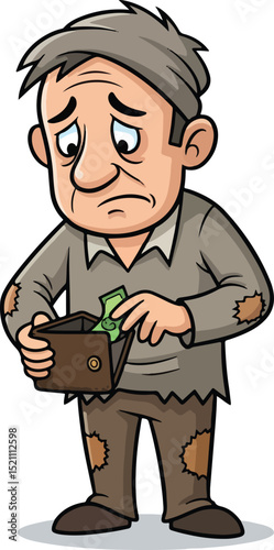 a sad and disheartened man in ragged clothes, looking into his almost empty wallet with a single bill, symbolizing financial hardship and poverty