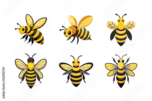 Flying Bee Set Colorful Wings Vector