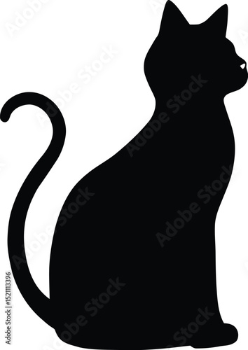 Solid Black Silhouette of a Sitting Cat with an Arched Tail, Looking Rightward