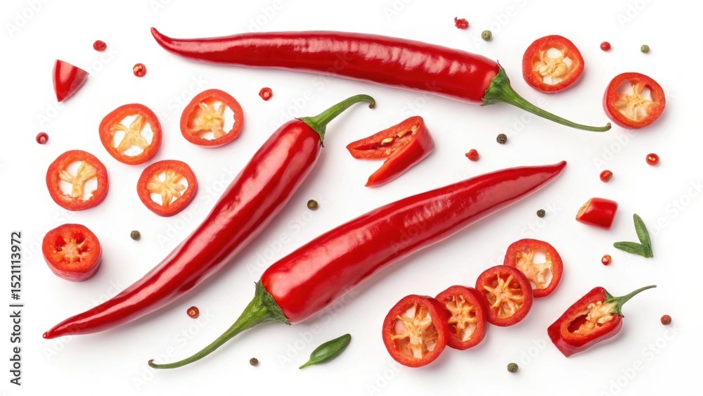 Vibrant red chilies and slices arranged artistically on a white background. Vibrant red chilies and slices arranged artistically on a white background.