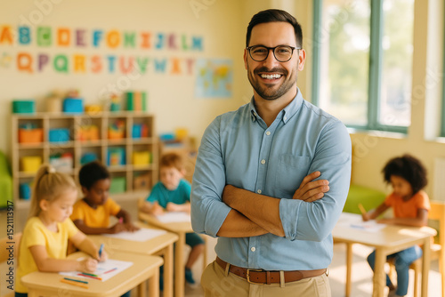 Happy Male Preschool Teacher Smiling Proudly In Learning Environment With Children Working At Tables