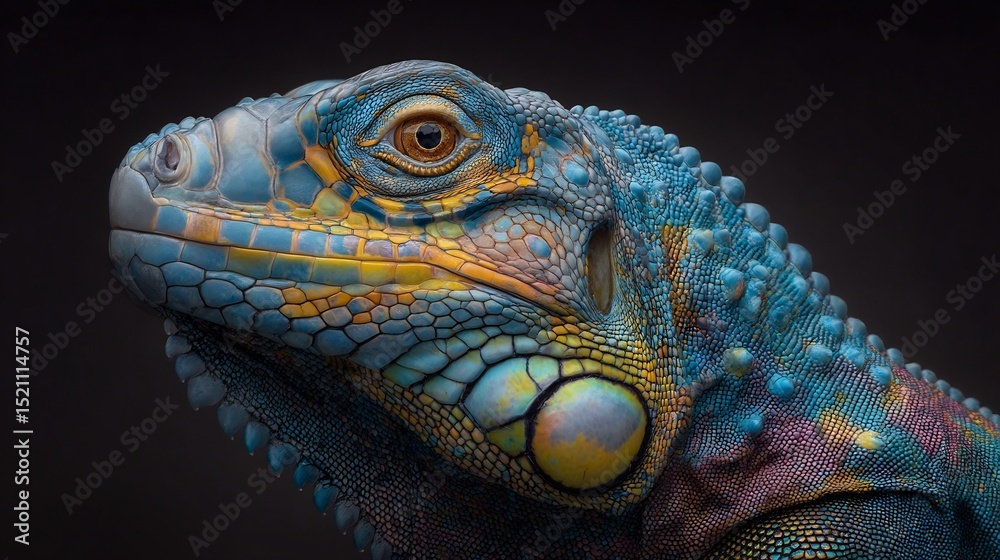 Fototapeta premium Detailed close-up of a vibrant iguana's head.