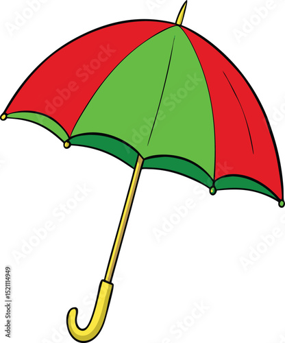 Red Umbrella With Green Handle And Yellow Trim Vector Illustration