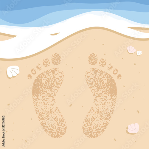 Footprints on the beach with sand and waves. Summer vacation concept. Vector illustration