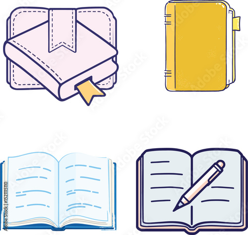 Book Symbol Set Featuring Four Distinct Variations: A Stitched Cover with a Bookmark, A Simple Closed Book with Spine Details, An Open Book with Text Lines, and An Open Book with a Pencil Across Its P