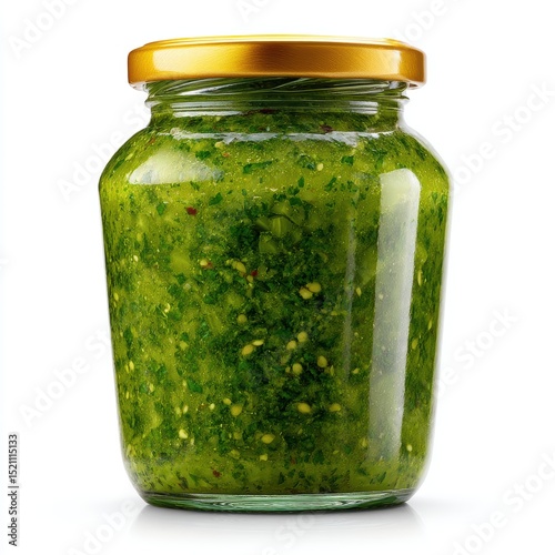 Jar of salsa verde isolated on clean white background