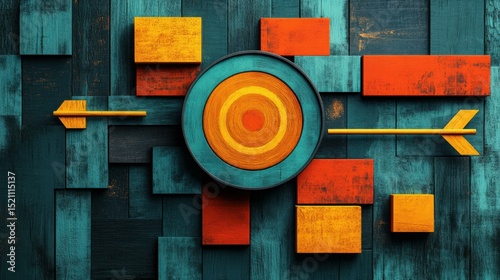 Abstract art composition featuring colorful wooden shapes arranged around a central target