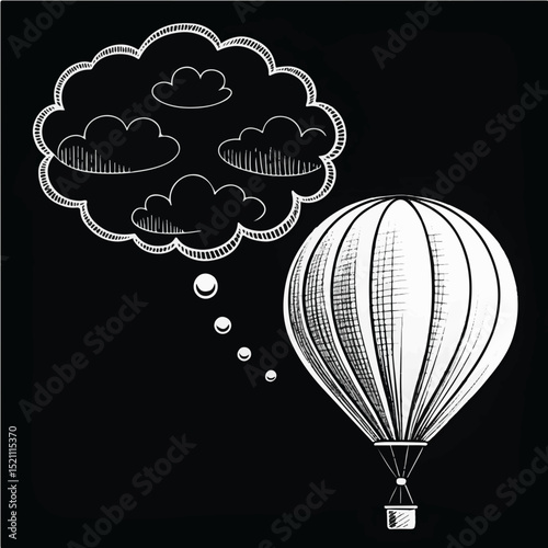 Monochrome Balloon in the Shape of a Thought Bubble, monochrome balloon vector, minimal thought design, symbolic bubble icon, surreal thinking shape, quiet imagination, elegance, ideas, creativity