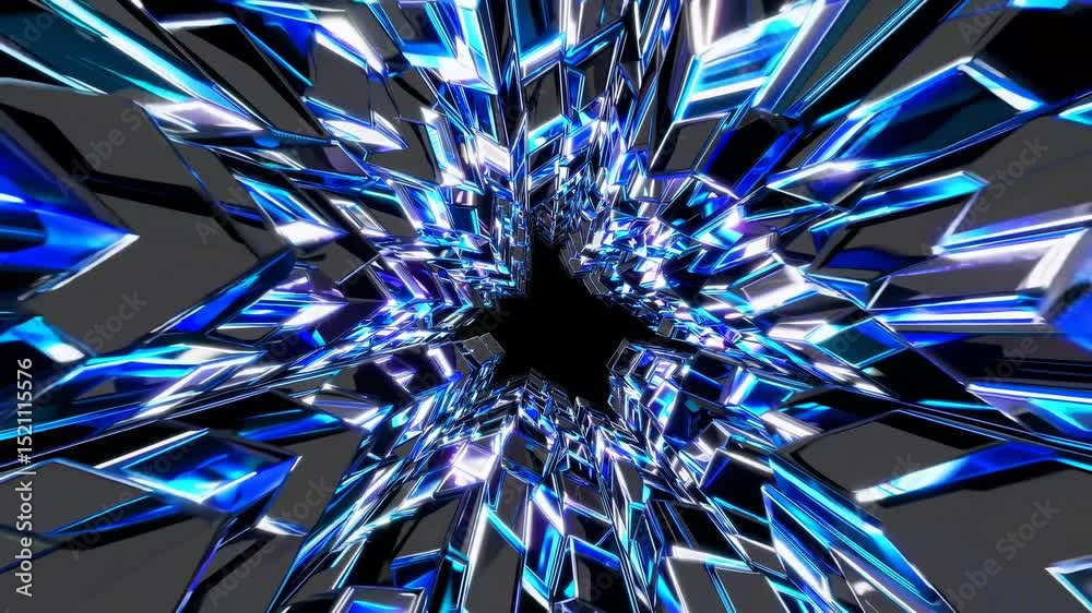 Metallic blue crystal structures are growing and converging, creating a dark star-shaped tunnel, with subtle variations in color and lighting across different sections