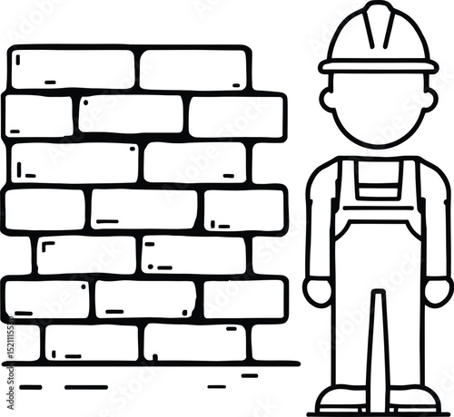 Construction Worker & Brick Wall Symbol Set Featuring a Laborer Wearing a Hard Hat and Overalls, Standing Beside a Structured Brick Wall—Representing Manual Labor, Infrastructure Development, and Skil