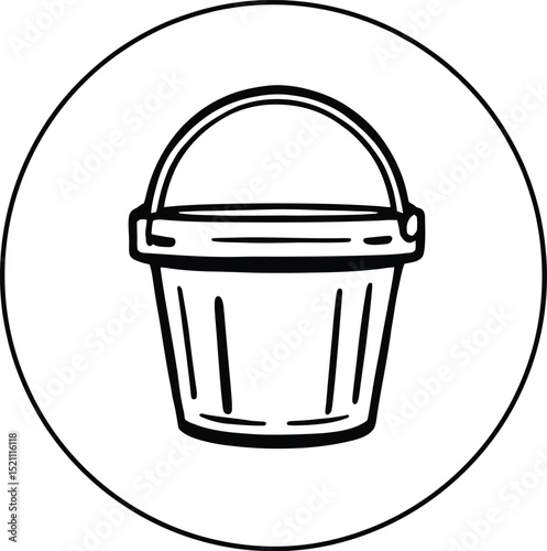 Bucket Symbol Set Featuring a Simple Cylindrical Pail with a Curved Handle Enclosed Within a Circular Border—Representing Utility, Storage, and Everyday Practical Use
