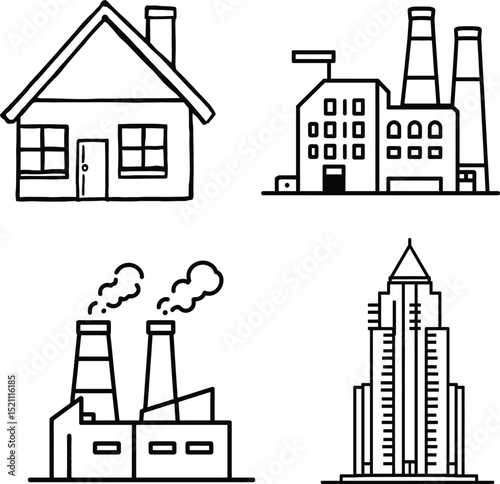 Building & Industrial Icon Set Featuring Four Architectural Styles: A Traditional House with a Chimney, A Factory with Tall Smokestacks, Another Industrial Building with Chimneys Emitting Smoke, and A
