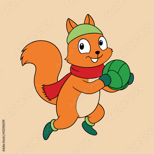 Squirrel Carrying Green Acorn In Red Mittens Vector Illustration