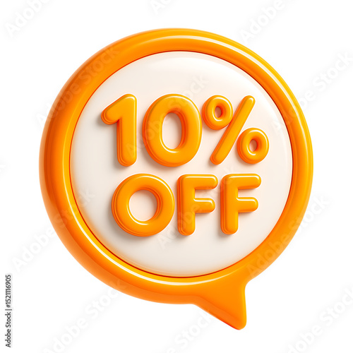 3D icon of 10 percent off in orange speech bubble isolated on transparent background