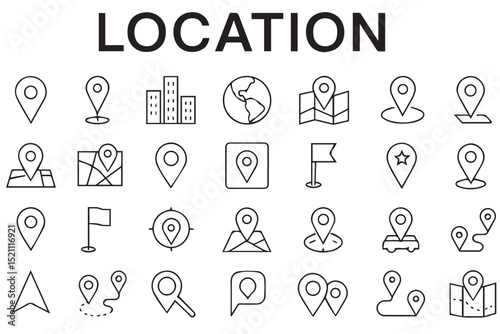 Location and navigation icons set with various symbols like map pins, flags, and route markers for digital applications and design Icons set