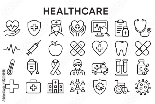 Healthcare icons set featuring symbols like medical crosses, stethoscope, syringe, pills, hospital, and medical professionals for health related topics Icons set