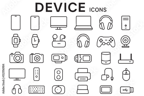 Device icons set featuring electronic gadgets like smartphones, laptops, cameras, headphones, game controllers, routers, and more for digital applications Icons set