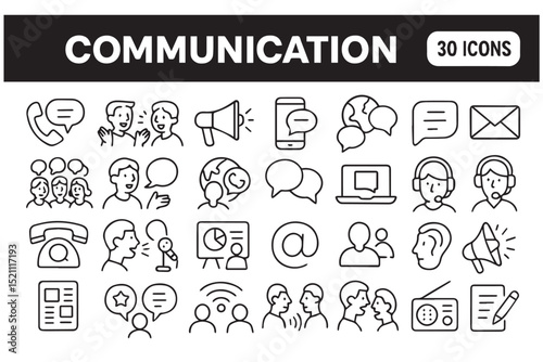 Diverse set of digital communication icons featuring phone calls, video chats, messaging, email, and more for technology solutions icons set