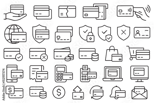 Set of payment related icons, showing credit cards, transactions, digital payments, shopping, and security measures for financial services, icons set