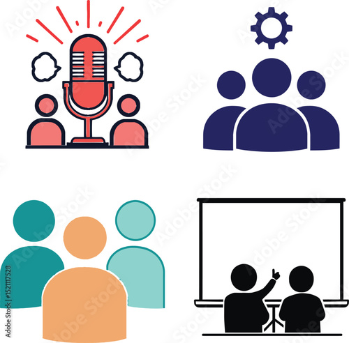 Community & Collaboration Symbol Set Featuring Four Thematic Icons: A Podcast Microphone with Three Surrounding Figures, A Group Under a Gear Representing Teamwork, Three Stylized Individuals Highligh