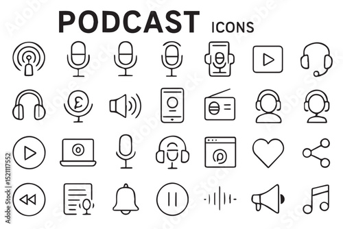Podcast related icons set with microphone, headphones, play, pause, sound, speaker, recording, mobile, radio, volume, sharing and media control icons set