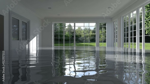 Flooded modern living room with large windows overlooking a green garden, sunlight streaming in