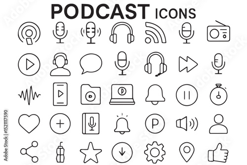 Podcast icons set featuring microphone, headphones, radio, play, pause, volume, recording, sharing, speaker, and media control symbols, icons set