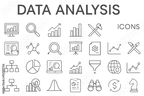 Data analysis and research icons set featuring graphs, pie charts, magnifying glass, analysis tools, business reports, and data processing icons set