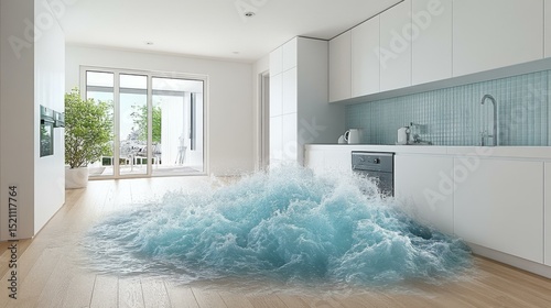 A surreal kitchen scene with a wave crashing onto the wooden floor, creating an unexpected flood effect