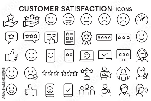 Customer satisfaction icons set featuring star ratings, happy and sad faces, feedback, reviews, customer service, and feedback surveys icons set