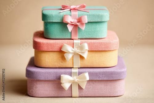 Colorful stacked gift boxes with bows ready for a celebration or special occasion