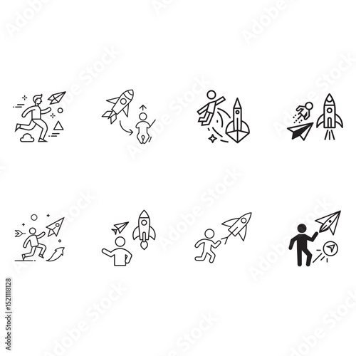 Paper Airplane Rocket Launch Icons Startup, Innovation, and Growth Illustrations