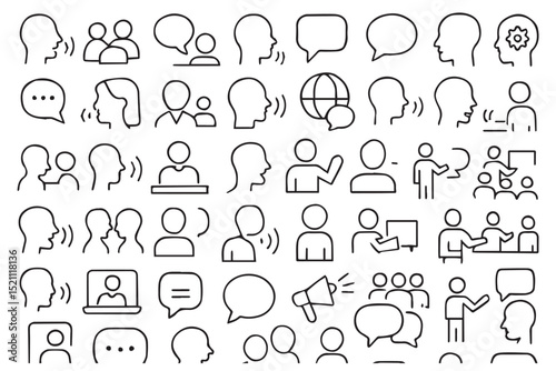 Icons set for communication and dialogue featuring speech bubbles, people conversing, video calls, group discussion, conversation, messaging, and collaboration