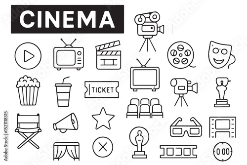 Cinema icons set featuring film, movie, popcorn, ticket, camera, director chair, 3D glasses, award, and theater symbols for entertainment, icons set