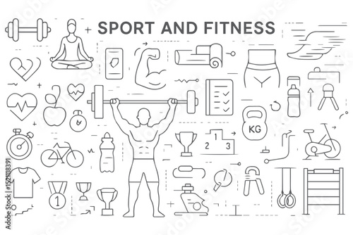 Comprehensive fitness icons set gym, workout, strength training, exercise, bodybuilding, health, sports, fitness goals, and personal trainer essentials