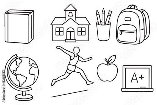 Back to school symbols book, schoolhouse, backpack, globe, running athlete, apple, and A+ grade icons set