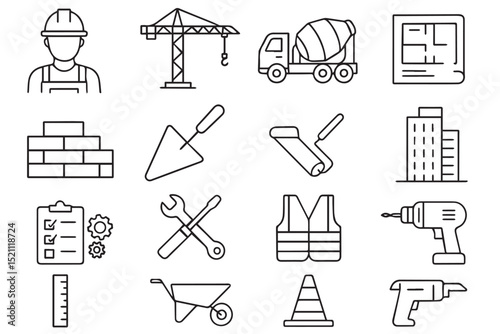 Construction worker and tools icons set helmet, crane, cement truck, building, blueprint, hammer, wrench, safety gear, and wheelbarrow