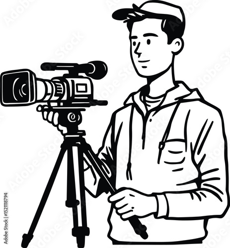 Professional Videography Symbol Featuring a Person Operating a Video Camera Mounted on a Tripod, Complete with a Microphone Attachment—Representing Filmmaking, Media Production, and Documentary Work