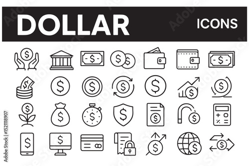 Dollar and finance icons set money, wallet, bank, coin, growth, investments, payments, and financial transactions